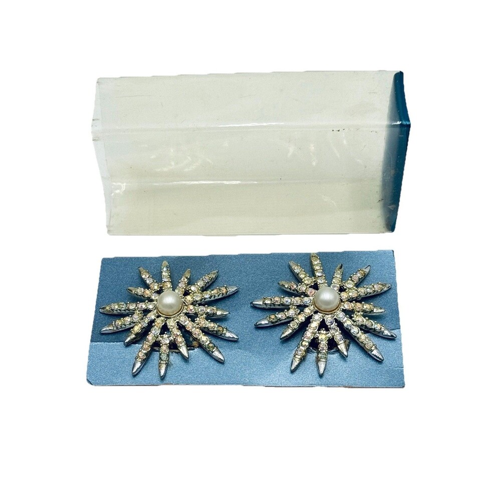 EMMONS Starburst Silver Tone Faux Pearl AB Rhinestone VTG Clip On Earrings w Box